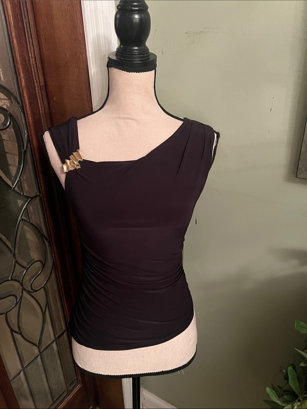 Moa Moa Black Sleeveless Asymmetric Drape Top with Gold Accent